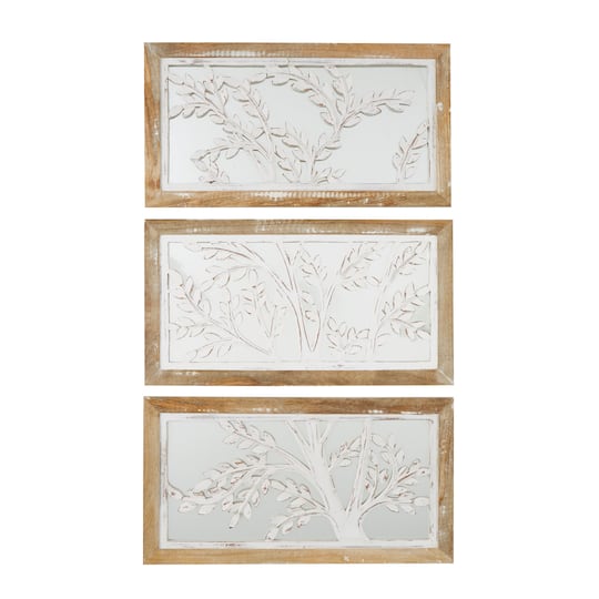 26" x 14" White Wood Tree Wall Decor with Brown Frames and Mirrored Backing, Set of 3